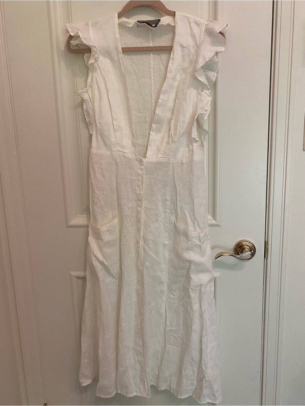 Reformation White Linen Ruffle-Sleeve Midi Dress